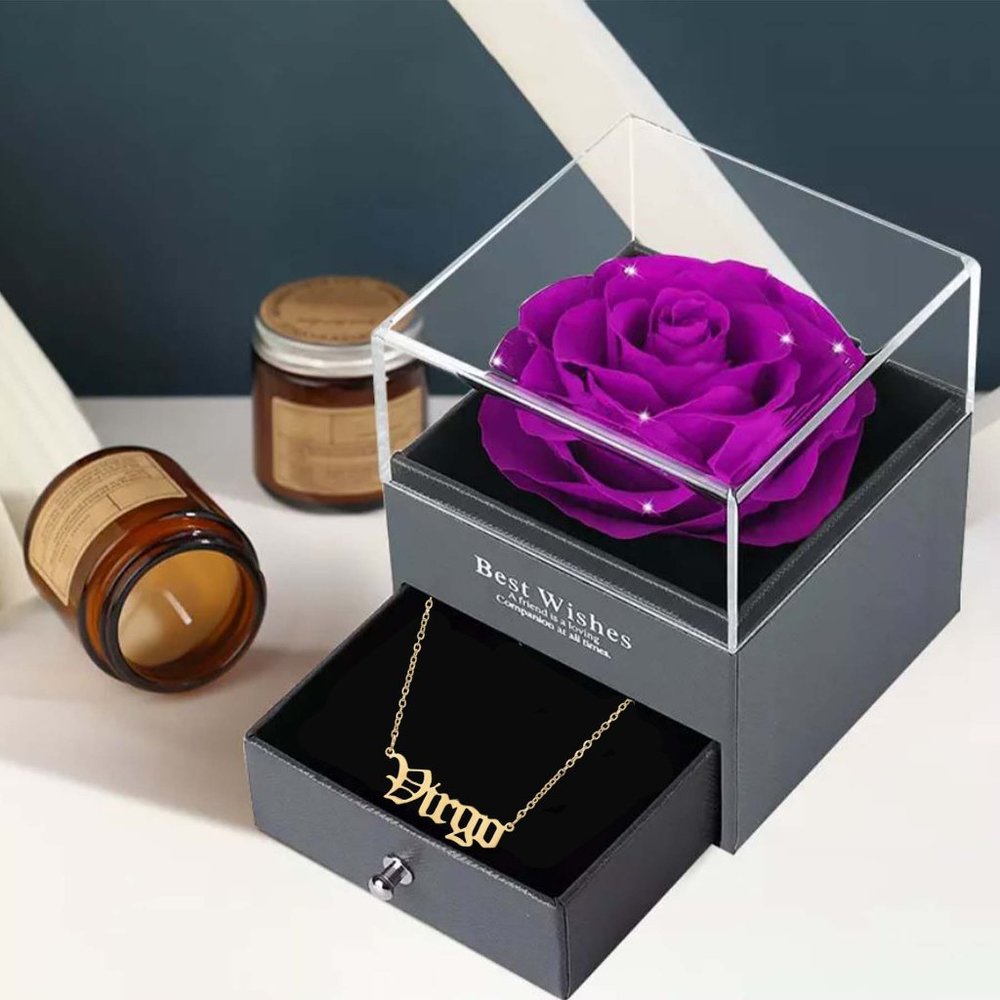 Preserved Rose In a Acrylic Box with 18K Real Gold Plated Virgo Zodiac Necklace